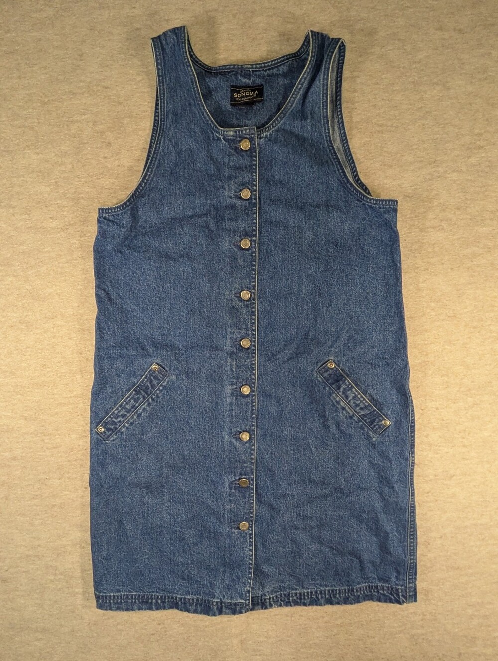 Sonoma Jean Vintage 90s Denim Buttoned Jumper Dress Pockets Size Small